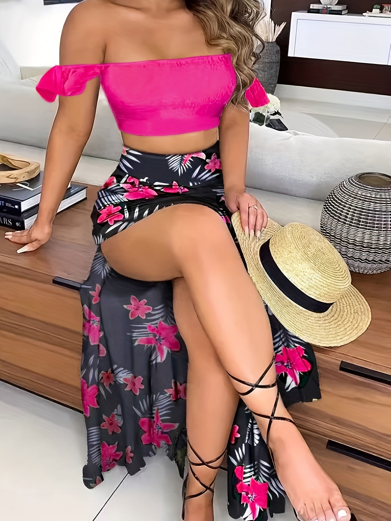 Casual Fashion Beach Vacation Two-Piece Set Women's Summer New European Print Pleated Off-Shoulder Crop Top with Slit Skirt